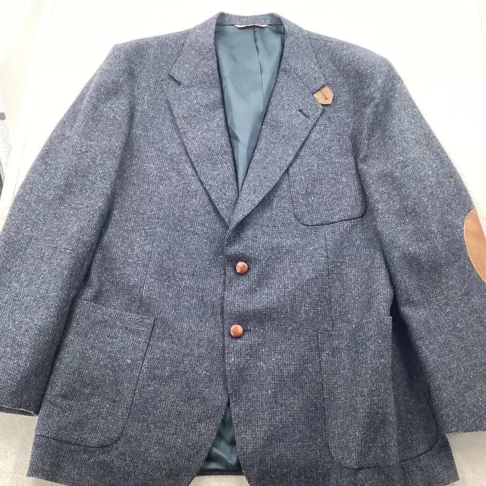 Vintage Tailored in USA Gray Blue Tweed Wool Sport Coat Suede Elbow Patches 46L